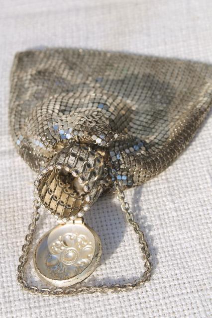 antique misers purse, 20s vintage Whiting & Davis silver metal mesh evening bag