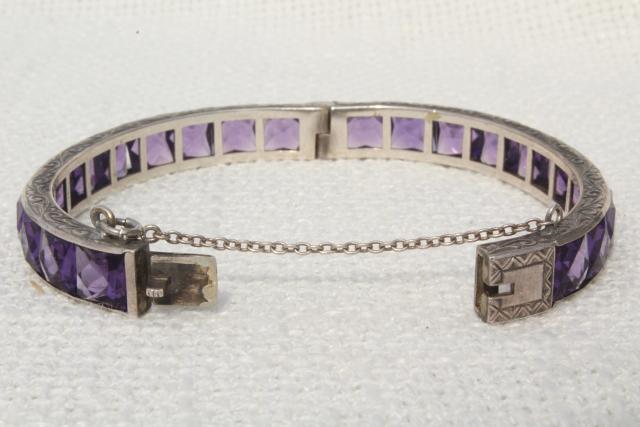 antique vintage sterling silver hinged bangle bracelet w/ safety chain clasp, amethyst rhinestones