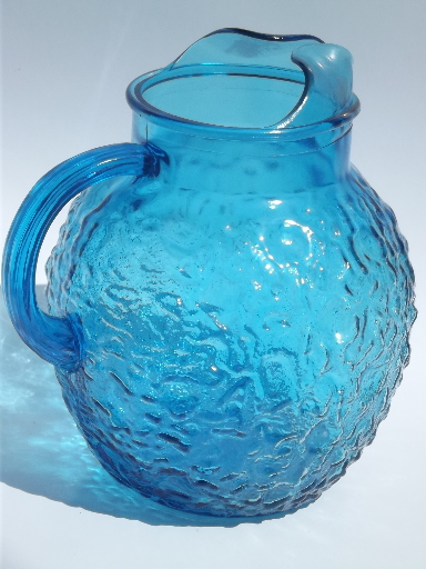 Aqua blue Lido mod vintage crinkle glass pitcher & iced tea glasses in box