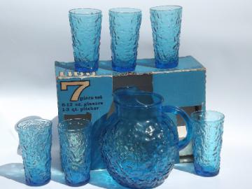 Aqua blue Lido mod vintage crinkle glass pitcher & iced tea glasses in box