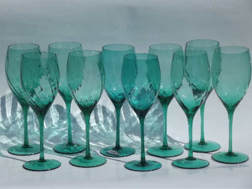 Aqua teal green glass wine glasses, optic swirl Pier 1 labels stemware