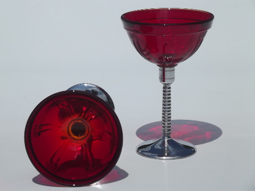 Art deco vintage martini glasses, chrome & ruby red glass cocktails