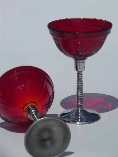 Art deco vintage martini glasses, chrome & ruby red glass cocktails