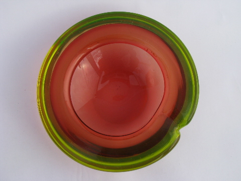 Art deco vintage pink & vaseline green dichroic art glass bowl or big ashtray