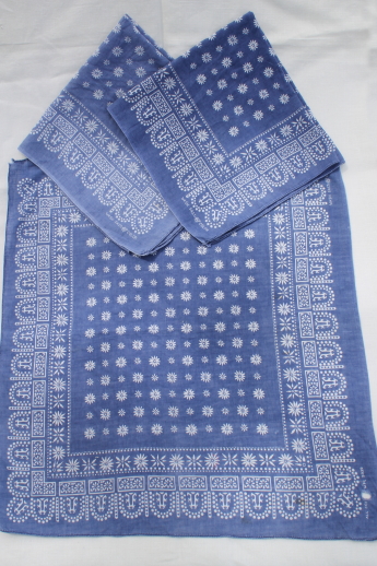Authentic vintage cotton print bandanas, faded red & blue bandana handkerchiefs