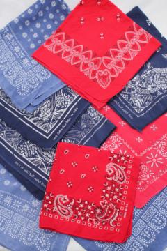 Authentic vintage cotton print bandanas, faded red & blue bandana handkerchiefs