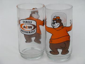 A&W brown bear character vintage root beer advertising glasses