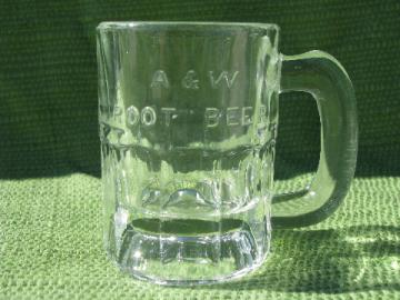 A&W root beer vintage embossed glass advertising mug, mini baby size