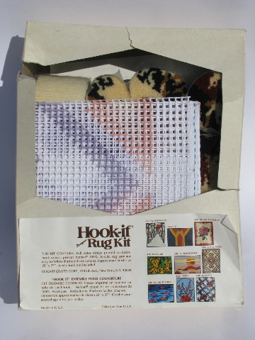 Aztec mod design 70s vintage latch hook rug kit, pre-cut yarn & canvas