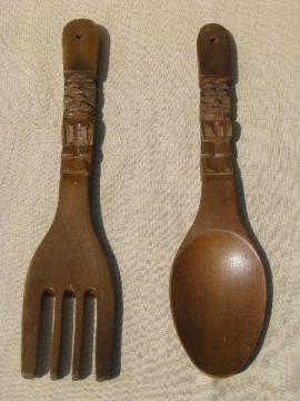 Big fork & spoon, retro tiki vintage carved wood kitchen wall plaques