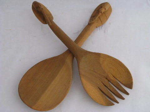 Big hand-carved wooden fork & spoon, retro vintage African wood salad servers