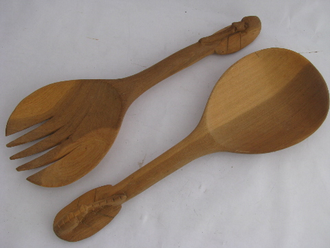 Big hand-carved wooden fork & spoon, retro vintage African wood salad servers