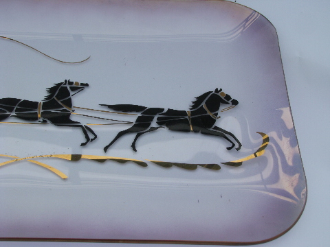Big luster glass tray, 1950s vintage, Cinderella's coach silhouettes