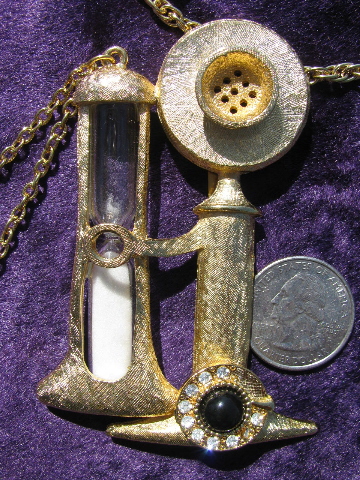 Big retro pendant necklace, hourglass pay phone timer, vintage candlestick telephone