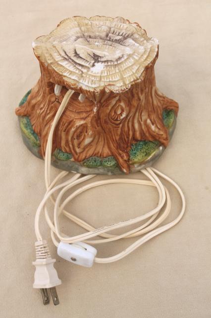 bisque china night light lamp, mother & baby deer in a tree stump grotto