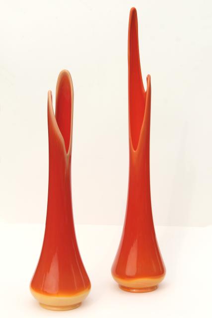 bittersweet orange art glass vases, tall mod 60s vintage glass floor vase set