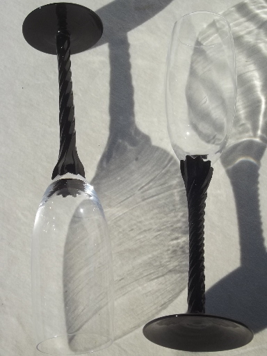 Black glass / crystal wine glasses & champagne flutes, mixed vintage stemware