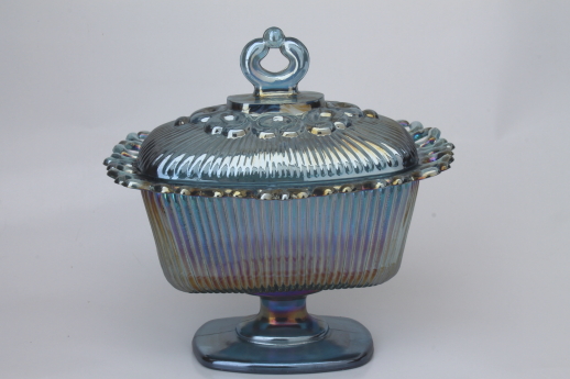 Blue carnival glass candy dish, vintage Indiana glass wedding bowl w/ lid