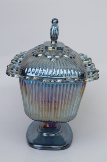 Blue carnival glass candy dish, vintage Indiana glass wedding bowl w/ lid