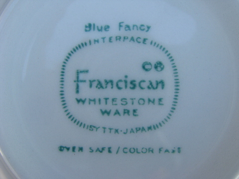 Blue Fancy Franciscan ware china,  vintage pottery dinnerware set for 8