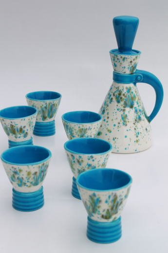 Blue & green confetti spatter glaze glasses & carafe, vintage handmade ceramic ware