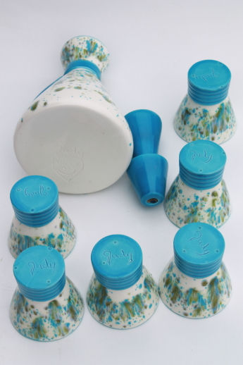 Blue & green confetti spatter glaze glasses & carafe, vintage handmade ceramic ware