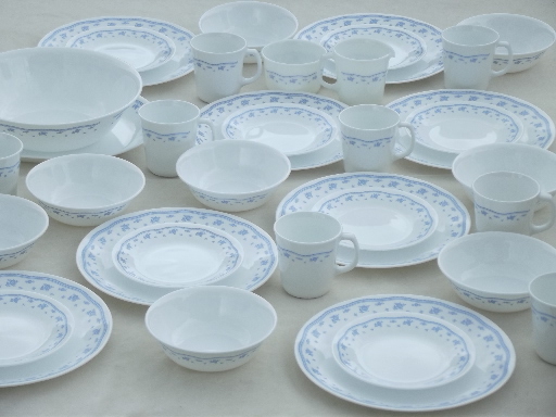 Blue Morning Corelle glass dishes set for 8, bowls, plates, mugs etc.