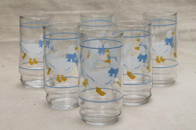 blue ribbon bow country goose print drinking glasses, 80s vintage tumblers set of 6