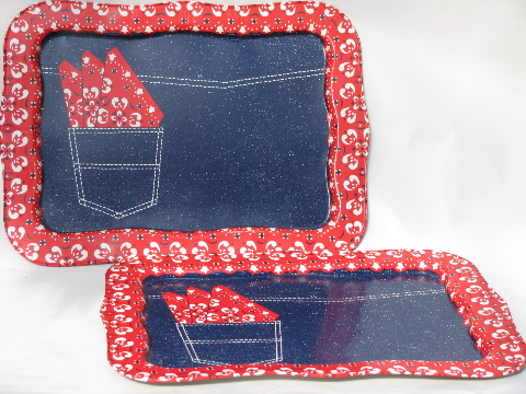 Boho hippie 70s lunch or lap trays, denim blue jeans / red bandana print