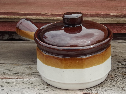 Brown band oven stoneware onion soup bowls or individual casseroles set