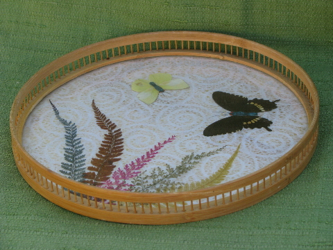 Butterfies and pressed flowers glass topped vintage round bamboo tray