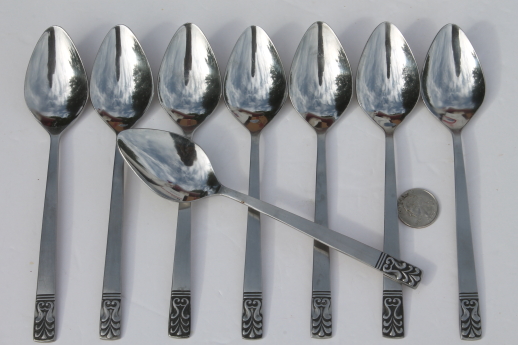 Cameo JH Carlyle stainless flatware, 8 soup spoons, mod vintage silverware lot