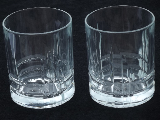 Canadian Club whisky advertising bar glasses, embossed bottom rocks glass