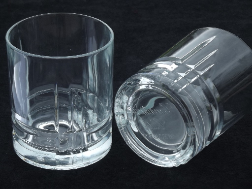 Canadian Club whisky advertising bar glasses, embossed bottom rocks glass