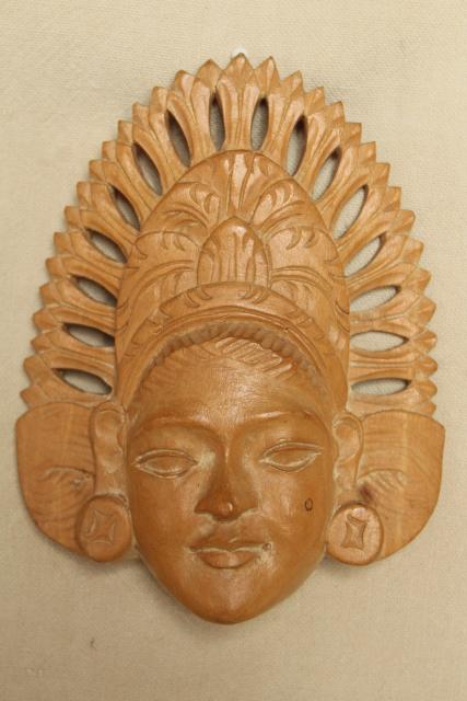 carved wood figures, bust & masks from Indonesia, Bali Janger dancer in headdress etc.