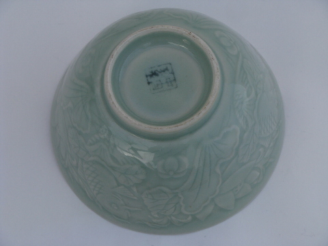 Celadon glazed pottery bowl w/koi fish pond design, maker's chop mark