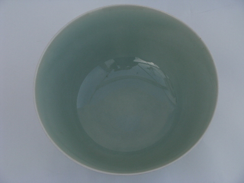 Celadon glazed pottery bowl w/koi fish pond design, maker's chop mark