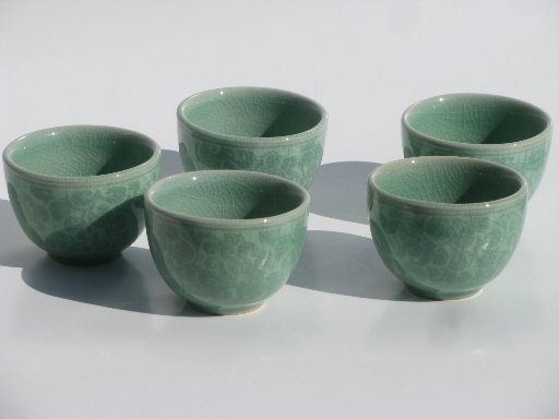 Celedon green tea ceremony set, pot and cups in traditional Korean pottery