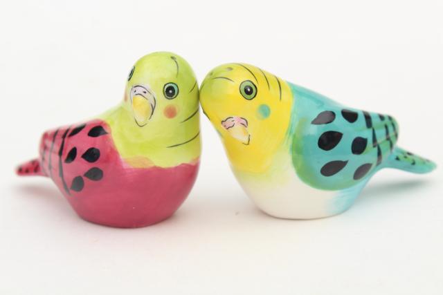 ceramic budgie parakeet birds salt and pepper shakers, figural S&P set