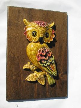 Ceramic owl on wood board, rustic 70s retro vintage wall plaque
