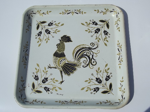 Chanticleer rooster, vintage PA Dutch style folk art Maxey metal tray