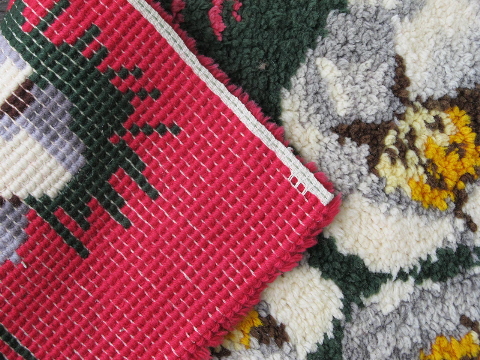 Christmas flowers on fuschia red, vintage latch hooked yarn rug