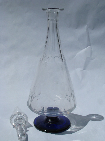 Clear & cobalt blue glass, tall & pointy vintage wine decanter bottle