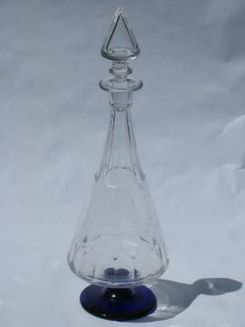 Clear & cobalt blue glass, tall & pointy vintage wine decanter bottle