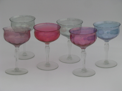 Colored luster tulip shape champagne glasses, vintage glass stemware