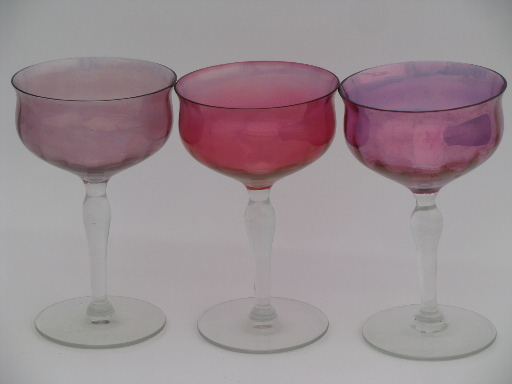 Colored luster tulip shape champagne glasses, vintage glass stemware
