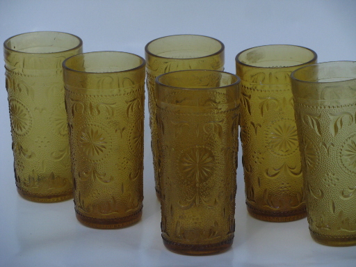 Concord pattern 70s vintage sandwich glass, set of 6 amber gold glasses