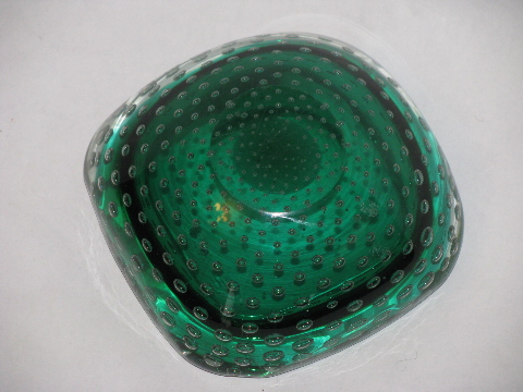 Controlled bubbles ocean green / clear glass bowl, mid-century modern art glass
