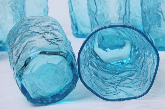 cool aqua blue crinkle glass drinking glasses, Milano or Driftwood bark textured tumblers