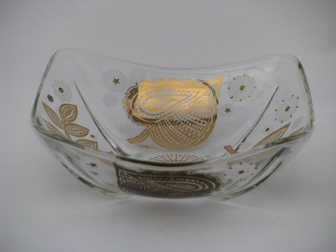 Cora signed gold decorated glass, retro vintage barware dishes, nut bowls